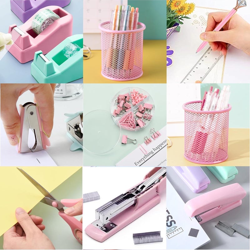 Famassi Pink Office Supplies, Pink Desk Accessories, Stapler, Staple Remover, Tape Holder, Pen Holder, Ballpoint Pen, Scissor, Binder Clips, Paper Clips and 1000pcs Staples. - Image 5